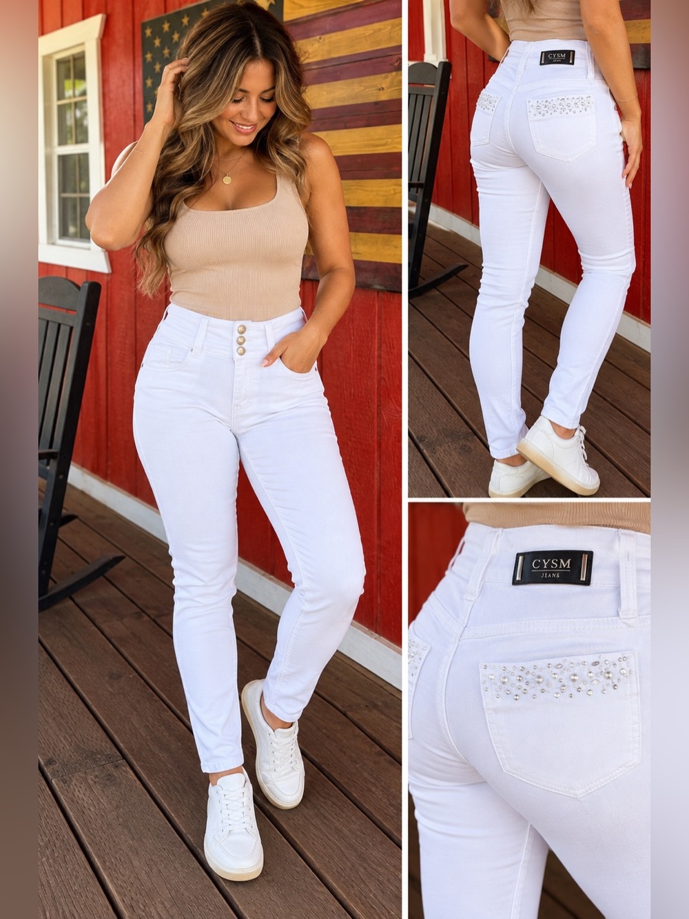 NWT CYSM Colombian Push Up White Skinny Jeans Rhinestone Embellished Size 7